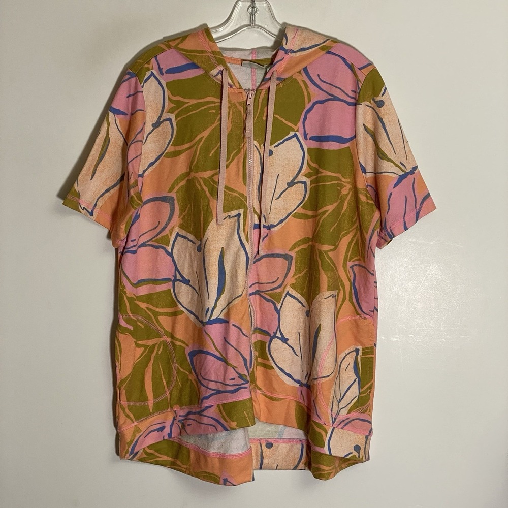 LOGO Lounge Lori Goldstein Hooded Jacket Womens Large Multi Floral Hi Lo Pockets